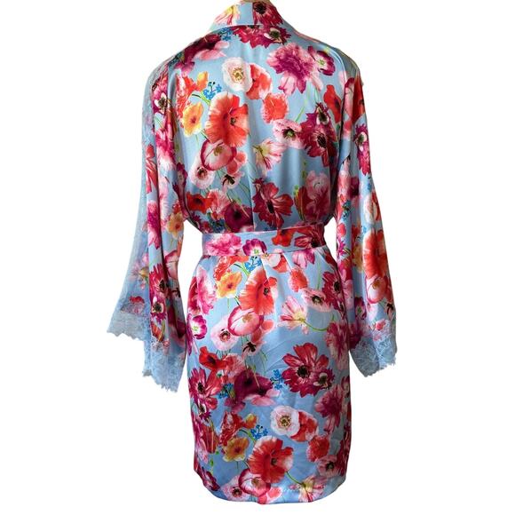 Victoria Secret Happy Poppies Lace Insert Robe EUC Size XS Small Satin Tie Waist - Picture 5 of 12
